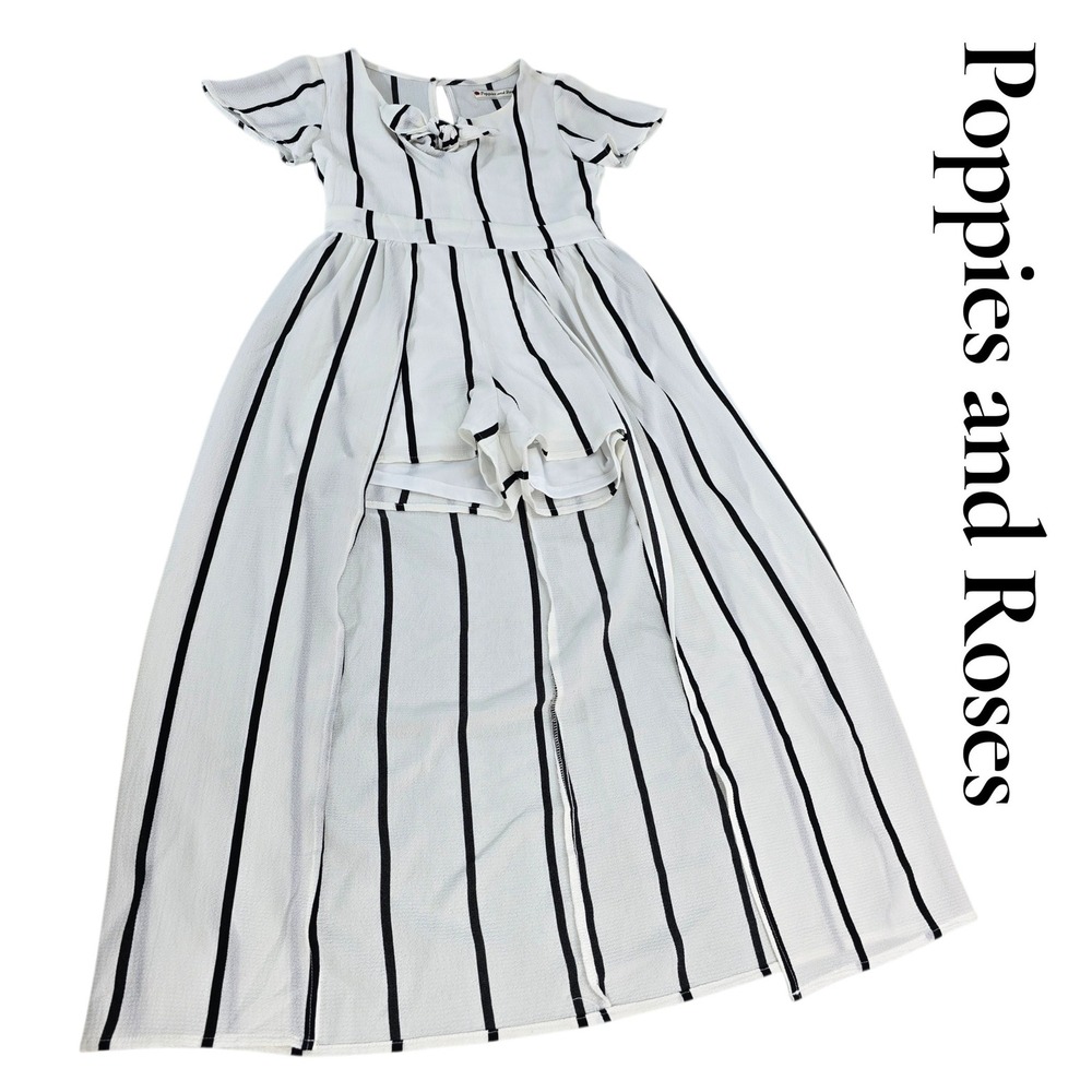 Poppies and Roses Maxi Romper Girls 8 White Black Striped Tie Front Skirt Dress